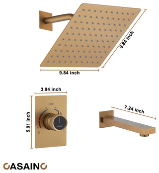 10inch Wall Mount Dual Function Rain Shower System with Tub Spout, Brushed Gold