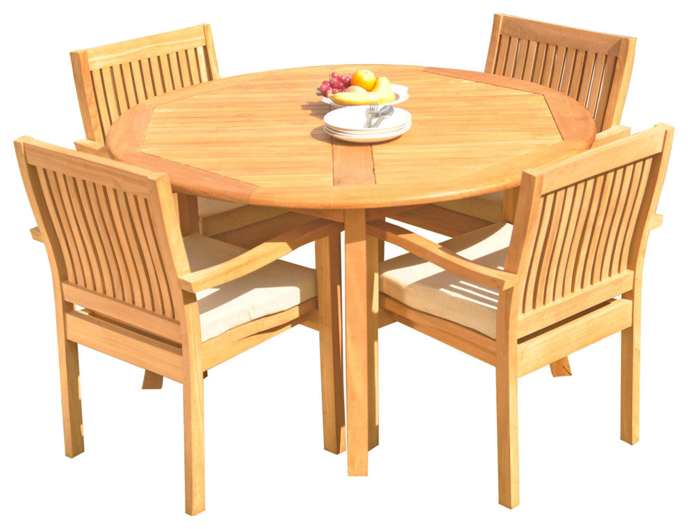 5-Piece Outdoor Teak Dining Set: 52" Round Table, 4 Leveb Stacking Arm Chairs