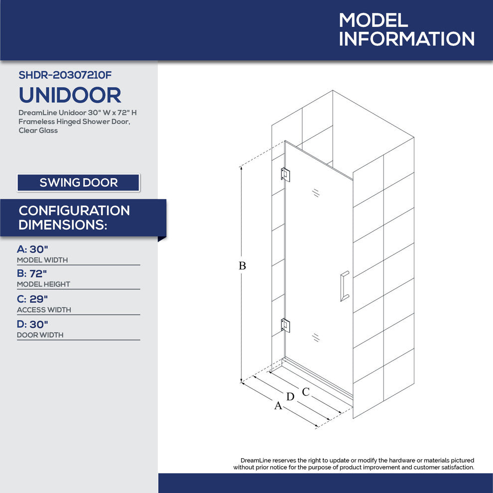 DreamLine 23" to 30" Frameless Hinged Sliding Shower Door, SHDR-20307210F-01