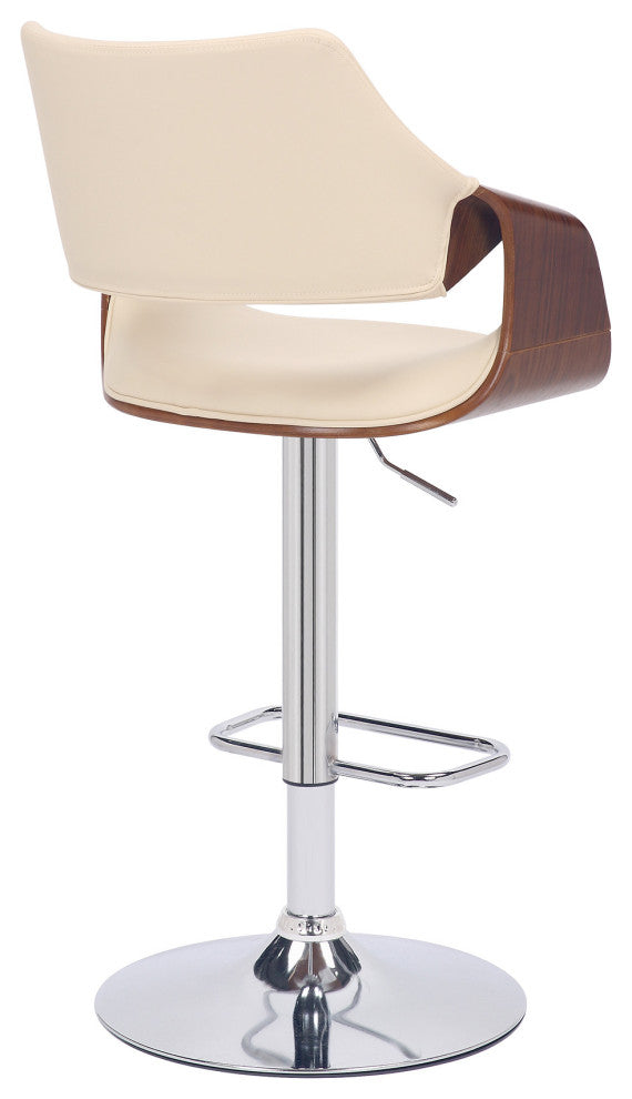 Cream Faux Leather and Walnut Wood and Chrome Swivel Adjustable Bar Stool