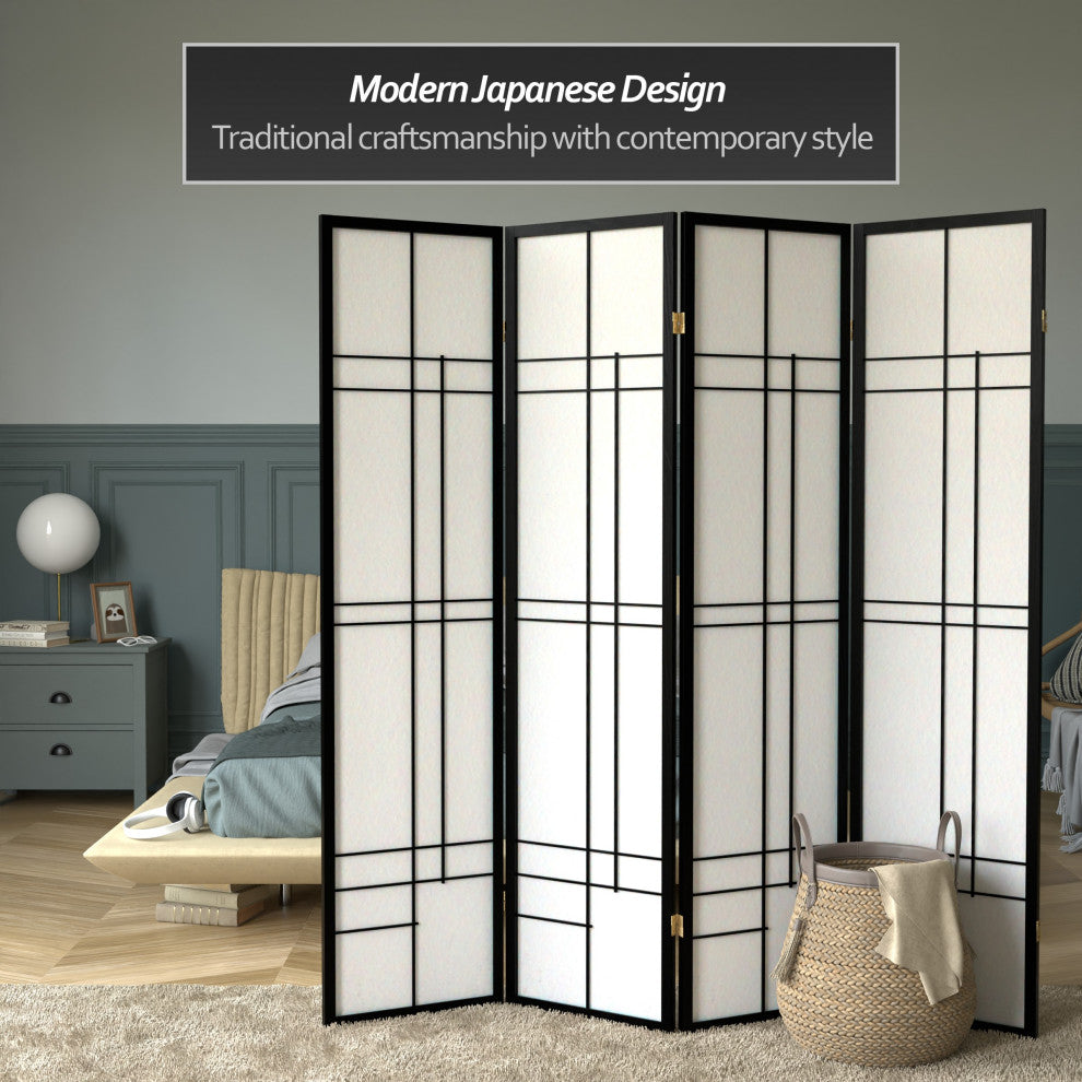 6'' Tall Eudes Shoji Screen, Black, 4 Panels