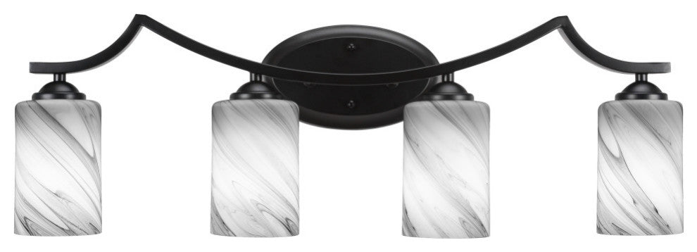 Zilo 4 Light Bath Bar Shown, Matte Black Finish With 4" Onyx Swirl Glass