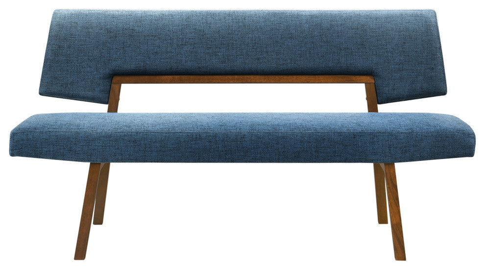 Channell Wood Dining Bench, Walnut Finish With Blue Fabric
