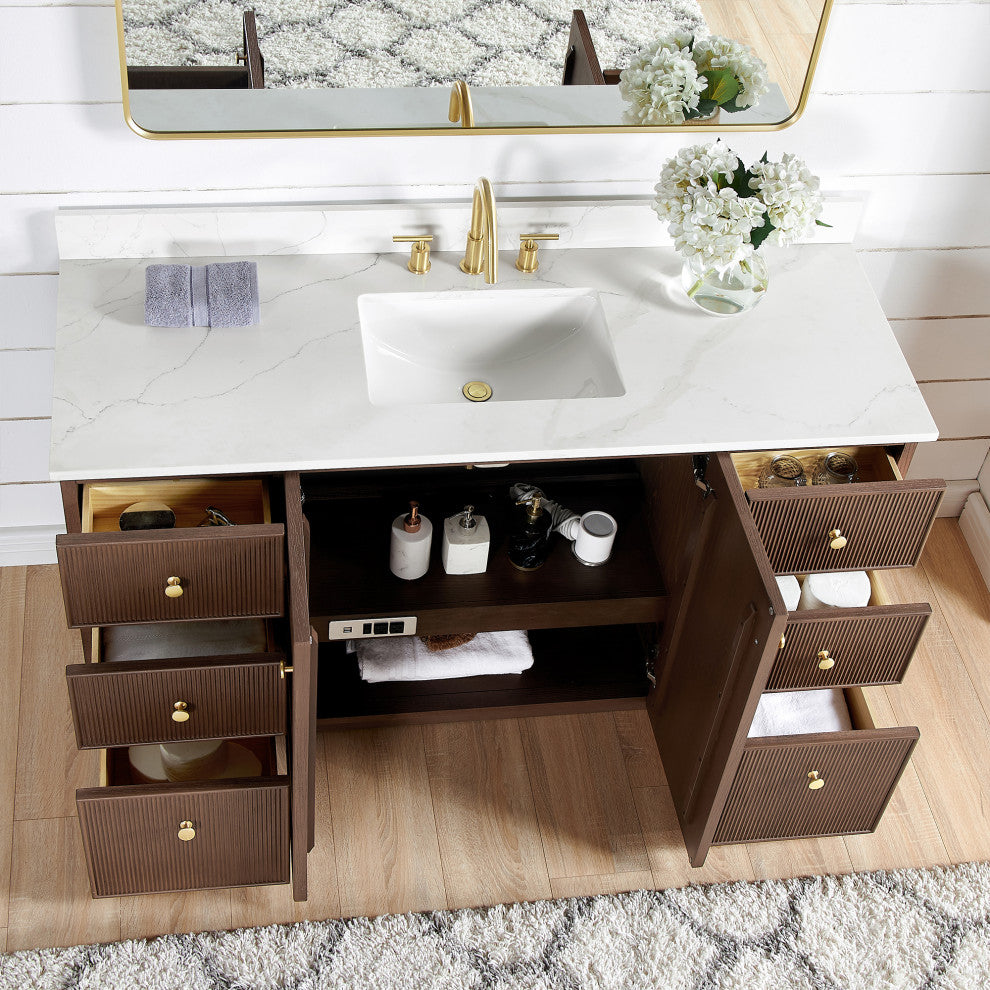 Oza Bath Vanity with Quartz Stone Top, Aged Dark Brown Oak, 60", Single Vanity, No Mirror