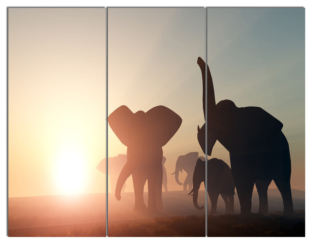 Group of Elephants in the Wild, African Triptych Canvas Print, 36x28, 3 Panels