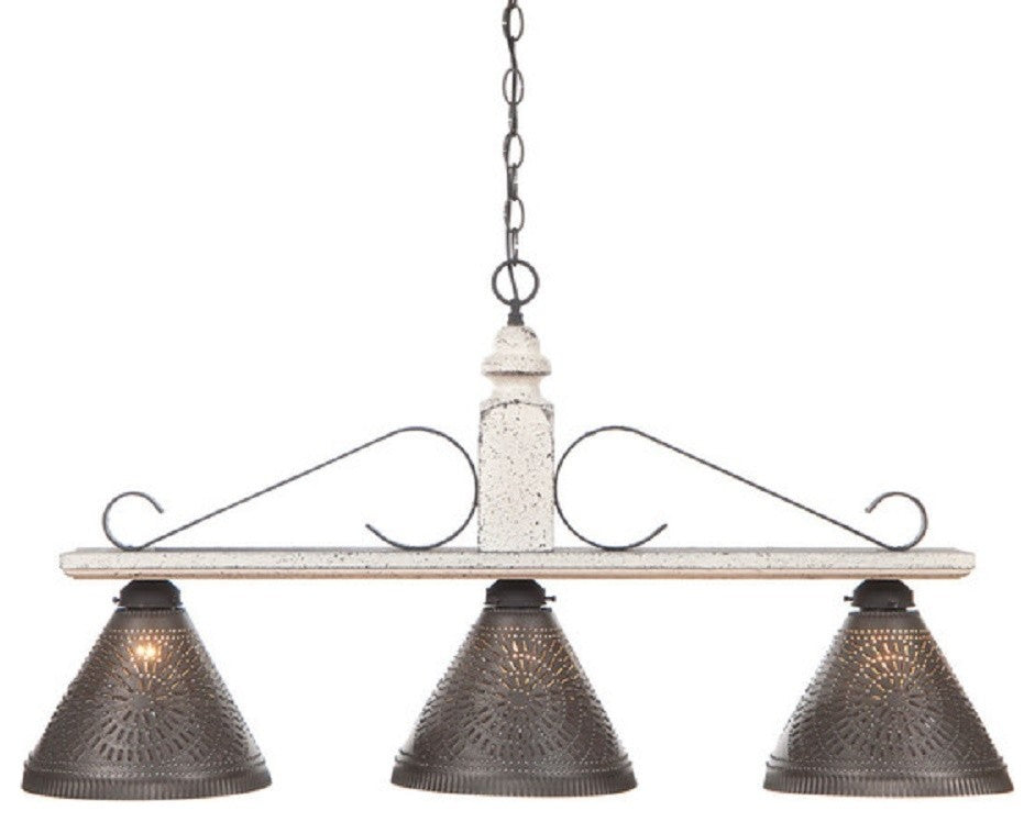 Wood and Wrought Iron Bar Island Light With Punched Tin Shades, Vintage White