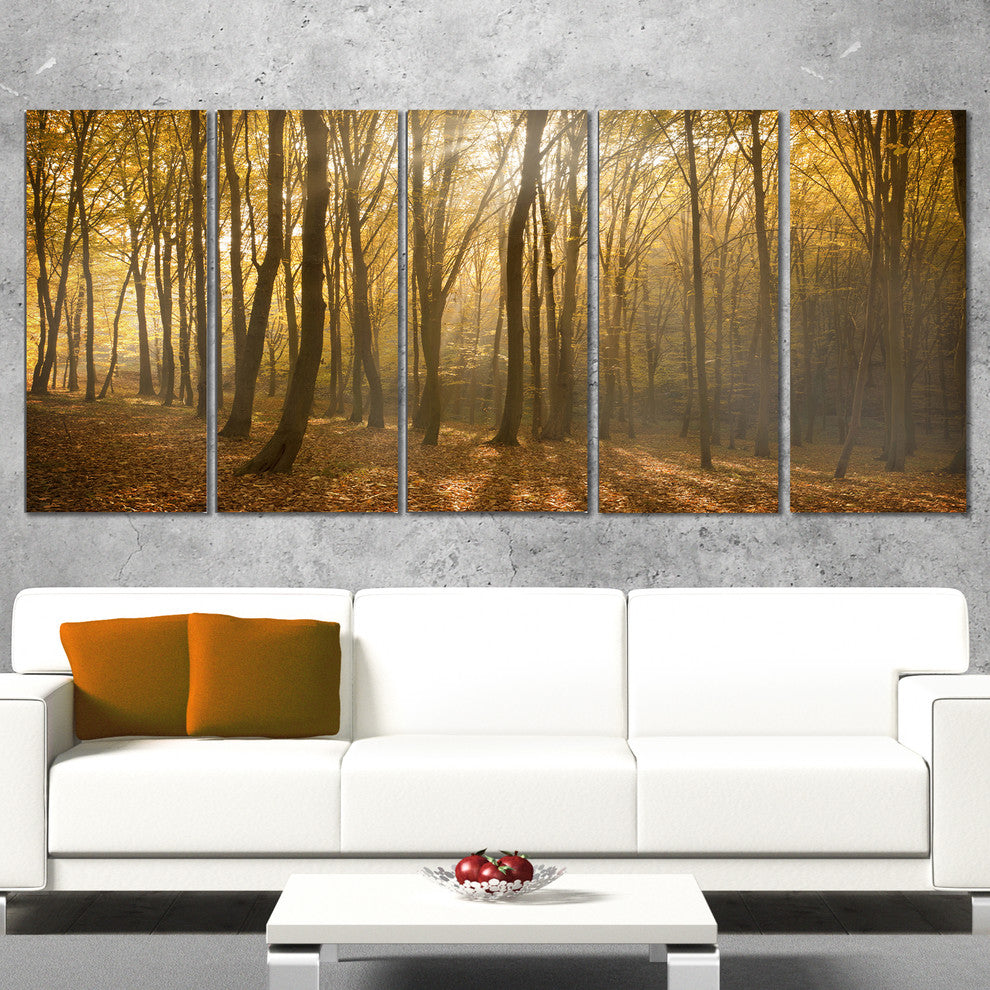 Thick Green Fall Forest with Fog, Forest Canvas Art Print, 60"x28", 5 Panels
