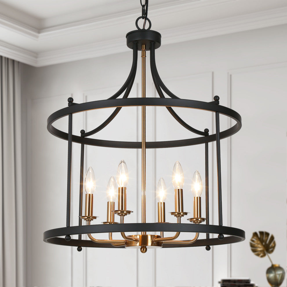 LNC Lepetos 6-Light Matte Finish Modern Cage Chandelier, Black and Brass