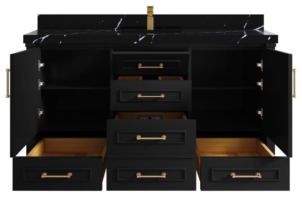 Aberdeen 72 Double Sink Bath Vanity In Black 2" Calacatta Black