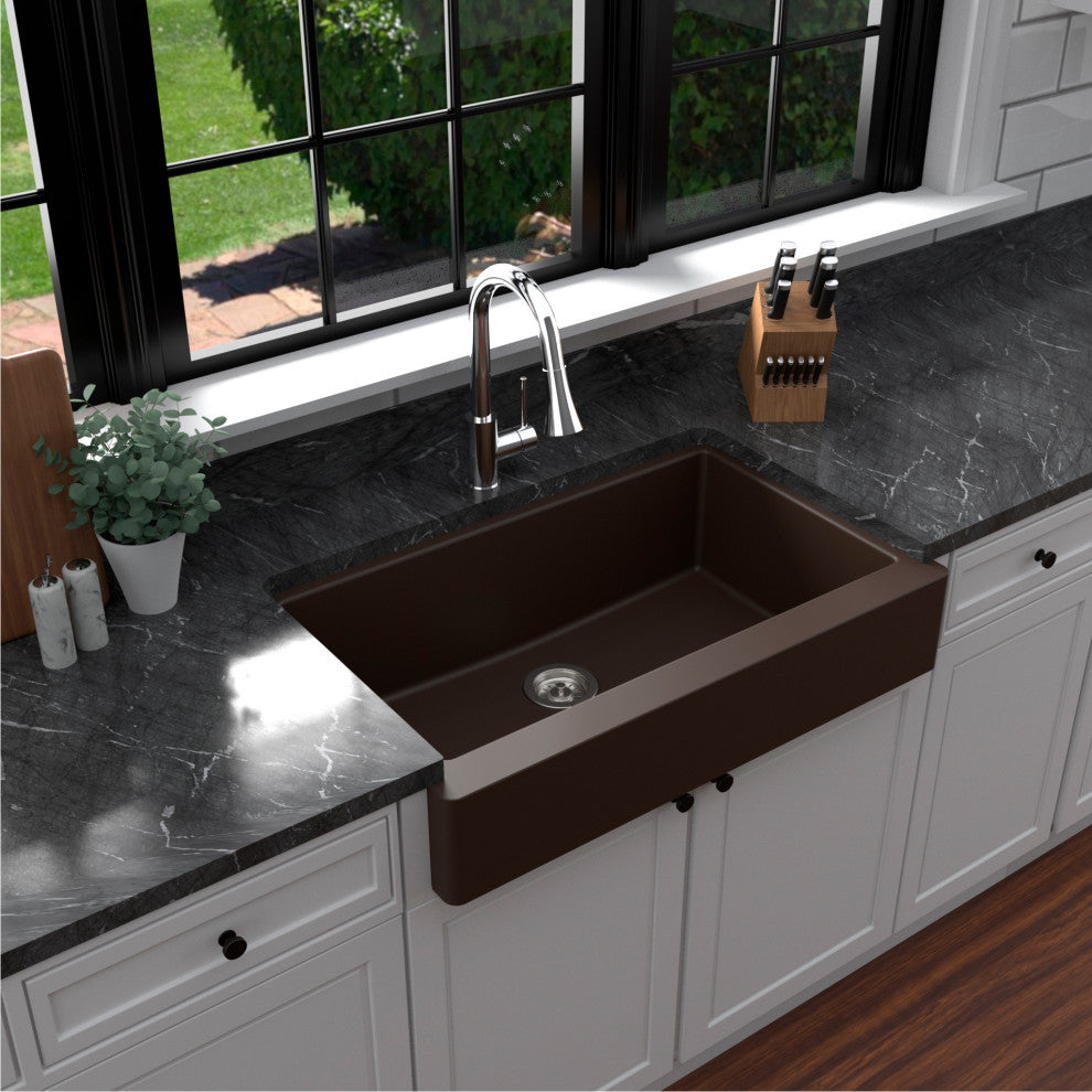 Karran Retrofit Farmhouse Quartz 34" Single Bowl Sink Kit, Brown