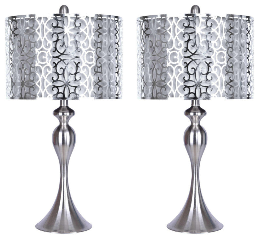 27" Brushed Nickel Table Lamp, Sleek Curvy Body, Brushed Nickel Shades, Set of 2