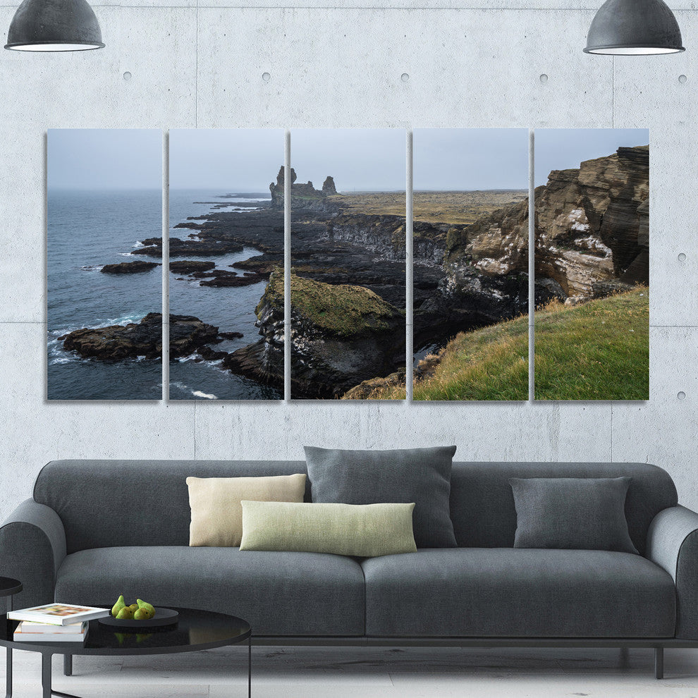 Rocky and Scenic Iceland Beach, Landscape Canvas Art Print, 60"x28", 5 Panels