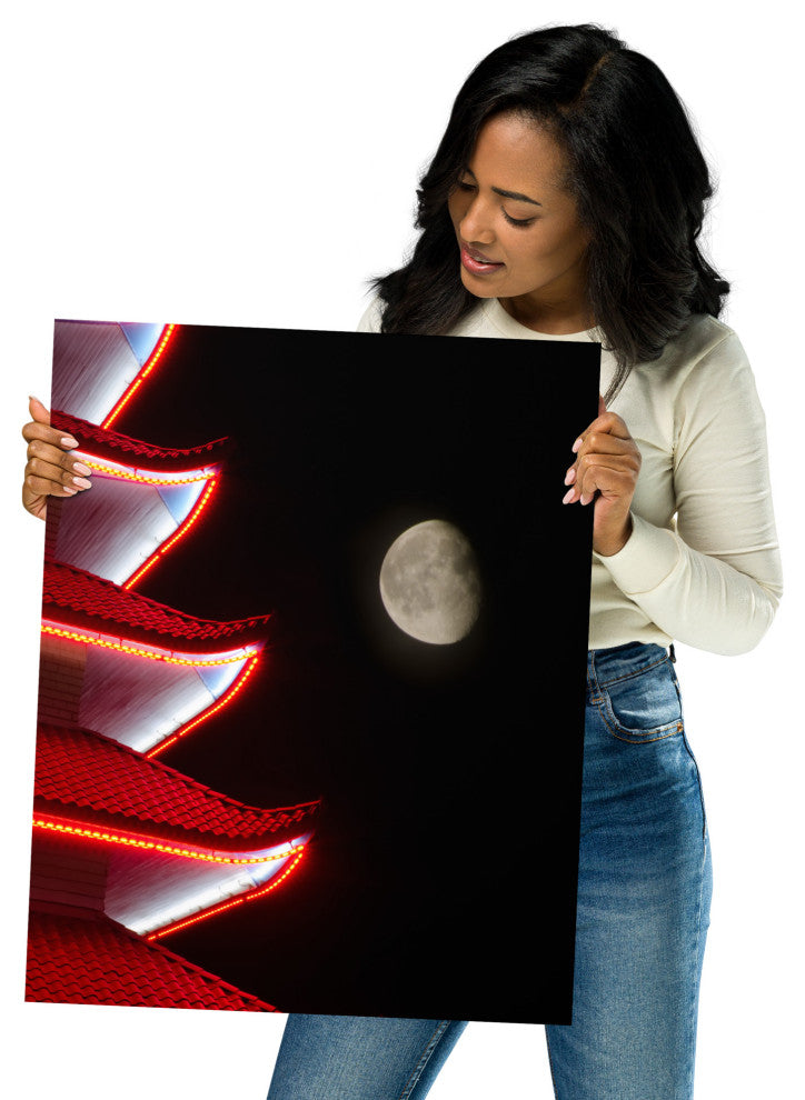 Moon Over Pagoda 1 Night Urban Photograph Unframed Wall Art Print, 16" X 20"