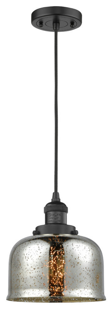 Large Bell 1-Light LED Pendant, Matte Black, Glass: Silver Mercury