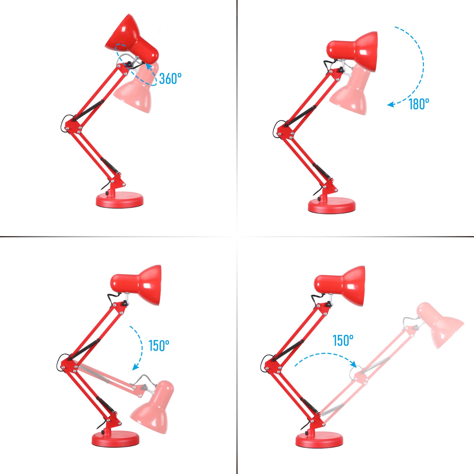 Swing Arm Desk Lamp, Interchangeable Base Or Clamp, Red