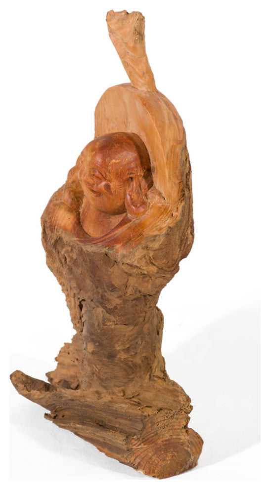 Hand Carved Cedar Wood Chinese Happy Buddha Statue