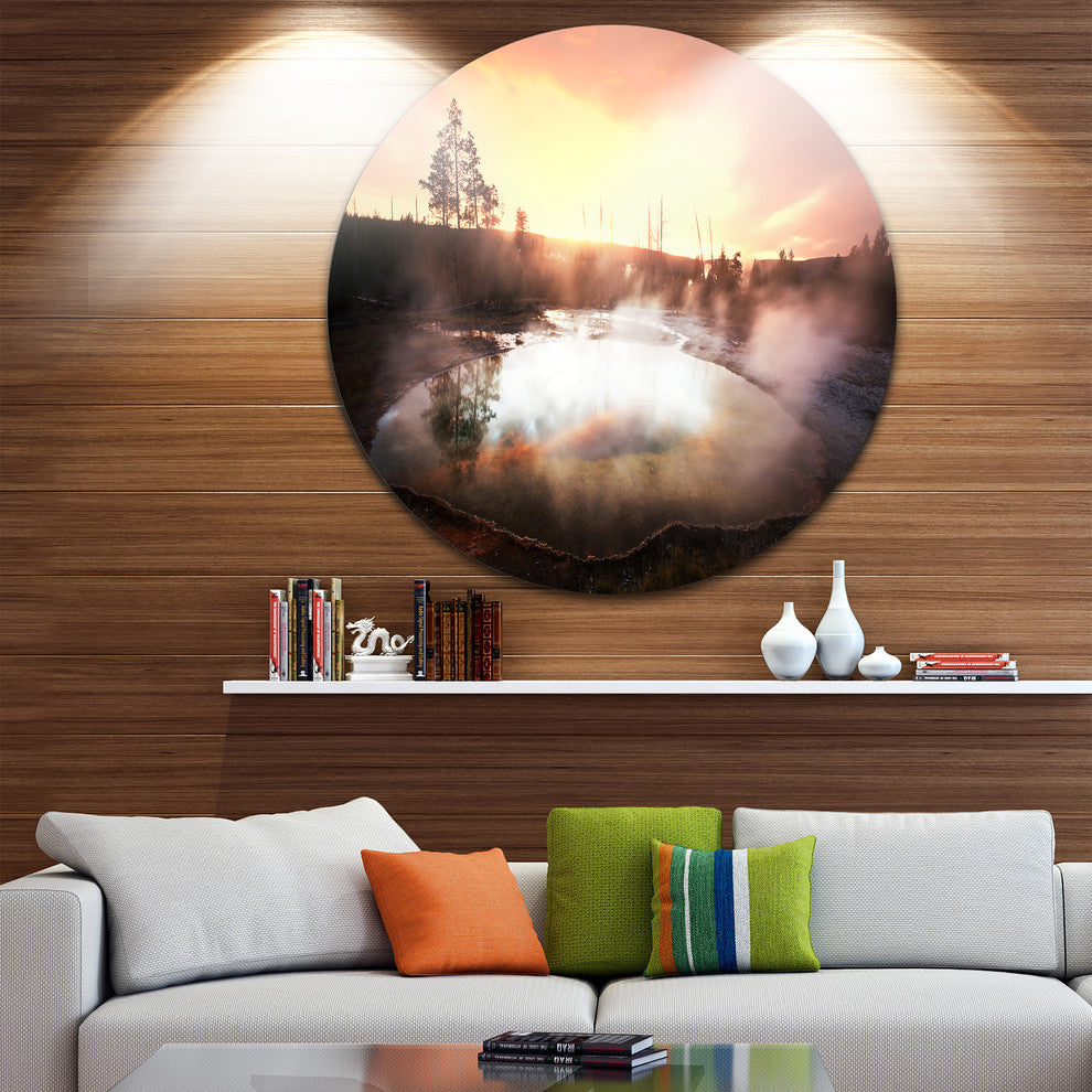 Evening At Morning Glory Pool, Landscape Photo Round Wall Art, 11"