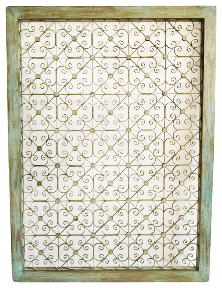 Large Green Wood Framed Iron Rosette Screen