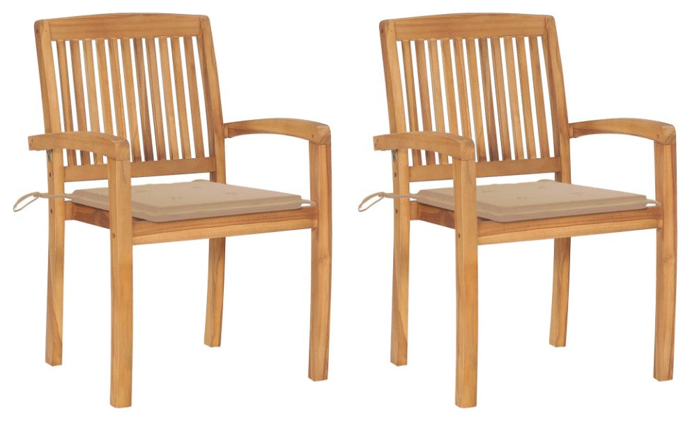 vidaXL 2x Solid Teak Wood Patio Chairs with Beige Cushions Garden Seating