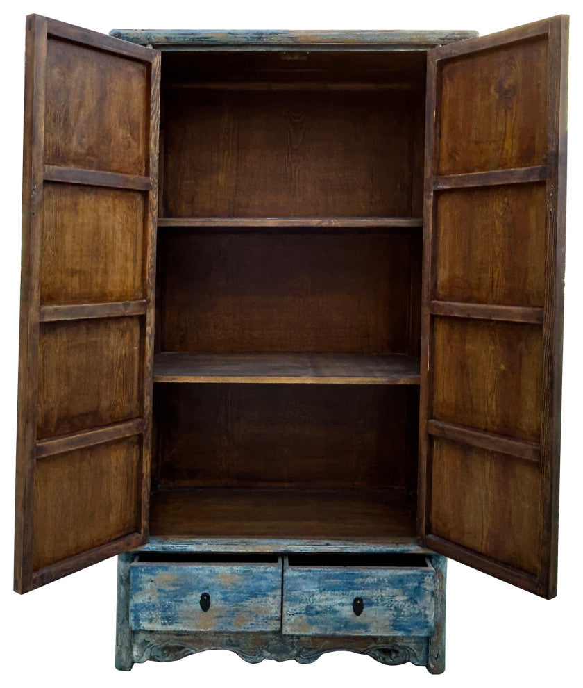 Distressed Bright Blue Tall Oriental Noodle Cabinet Storage Armoire Hws4322