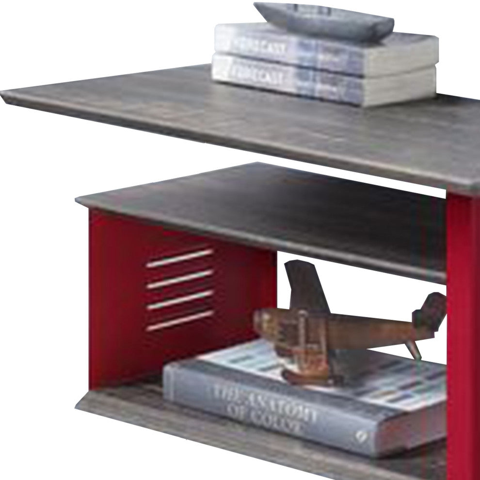 Benzara BM269579 Accent Table With Metal Cargo Style and 3 Caster Wheels, Red