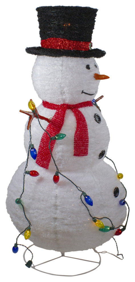 4' Lighted 3-D Chenille Winter Snowman with Top Hat Outdoor Christmas Decoration