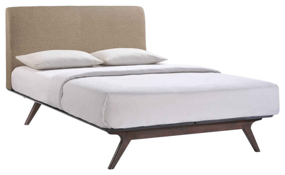Modern Contemporary Wood Bed Frame, Latte Fabric, Queen Size