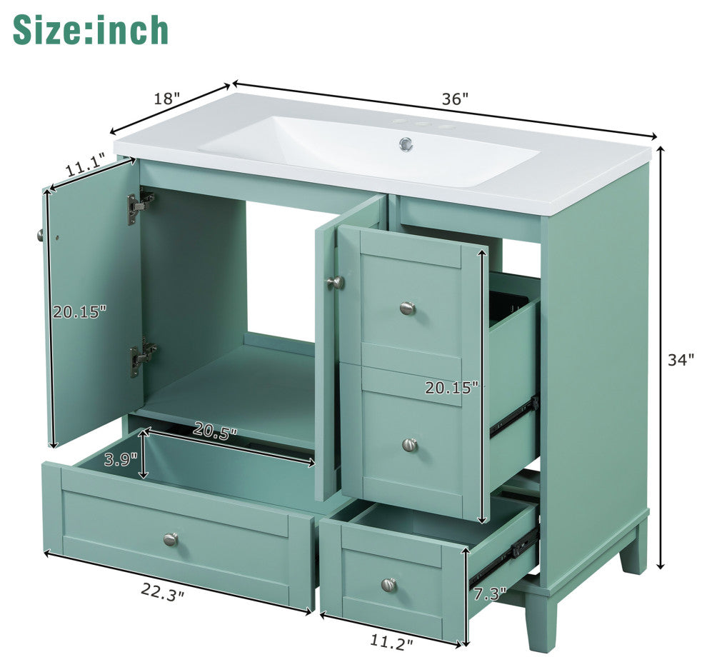 36" Freestanding Bath Vanity Set, Integrated Resin Sink, Green