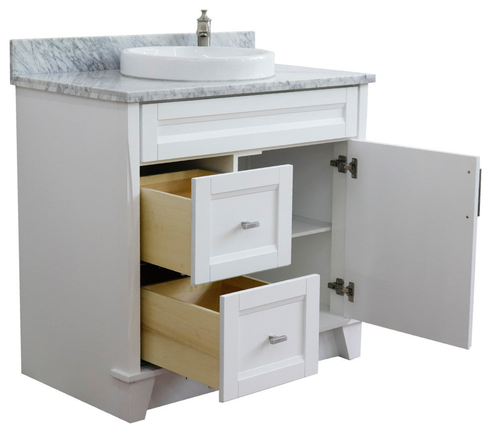 37" Single Sink Vanity, White Finish With White Carrara Marble