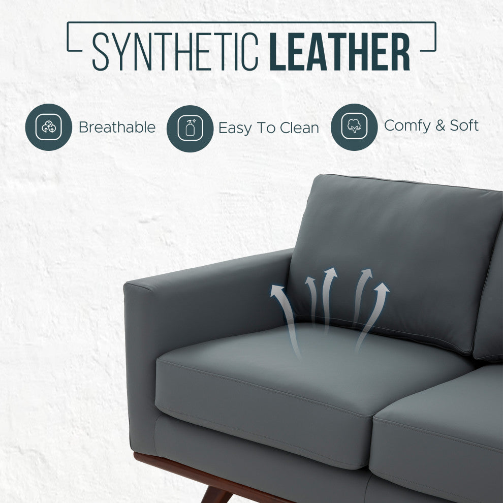LeisureMod Chester Mid-Century 3-Seater Leather Modern Sofa, Gray