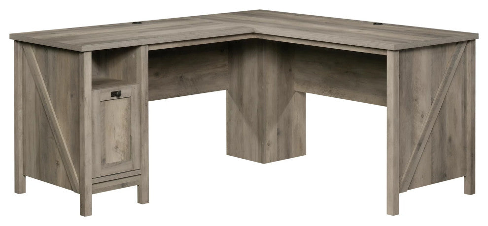 Farmhouse L-Shaped Desk, Storage Cabinet & Large Top With Grommets, Rustic Gray