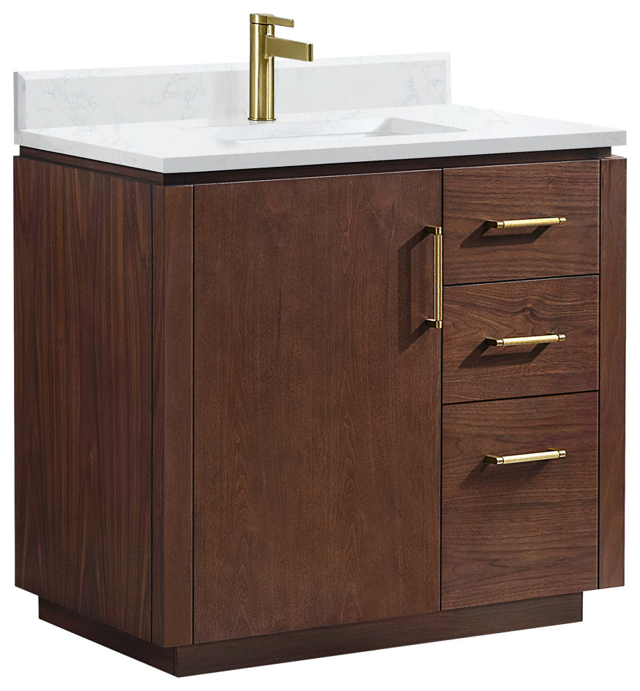 San Bath Vanity with Stone Top, Natural Walnut, 36", Single Vanity, No Mirror