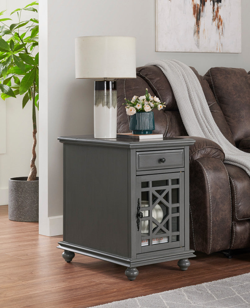 Elegant Chairside Table with Charging Station, Grey