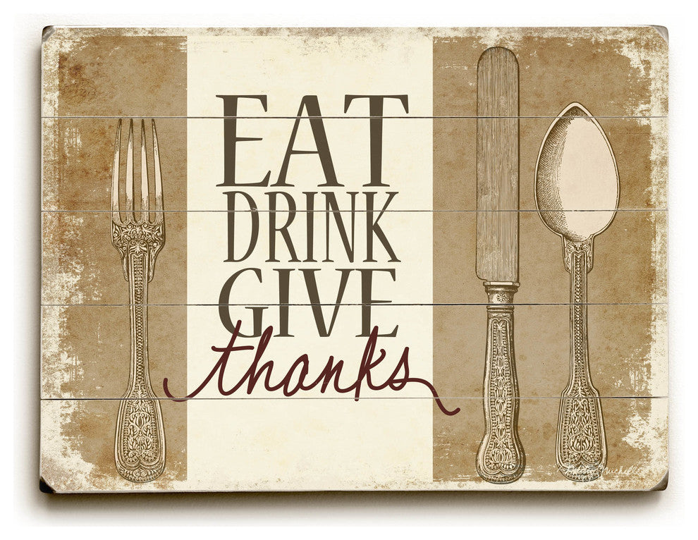 "Eat Drink Give Thanks", Planked Wood Wall Decor By Misty Diller, 25"x34"