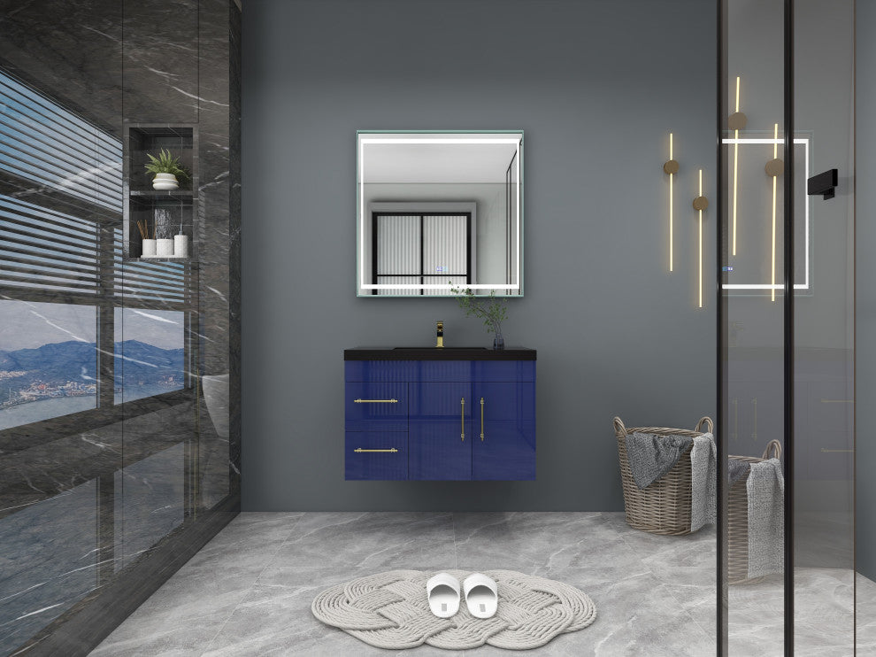 Rosa 36" Wall Mounted Modern Vanity, High Gloss Night Blue, Matt Black Top