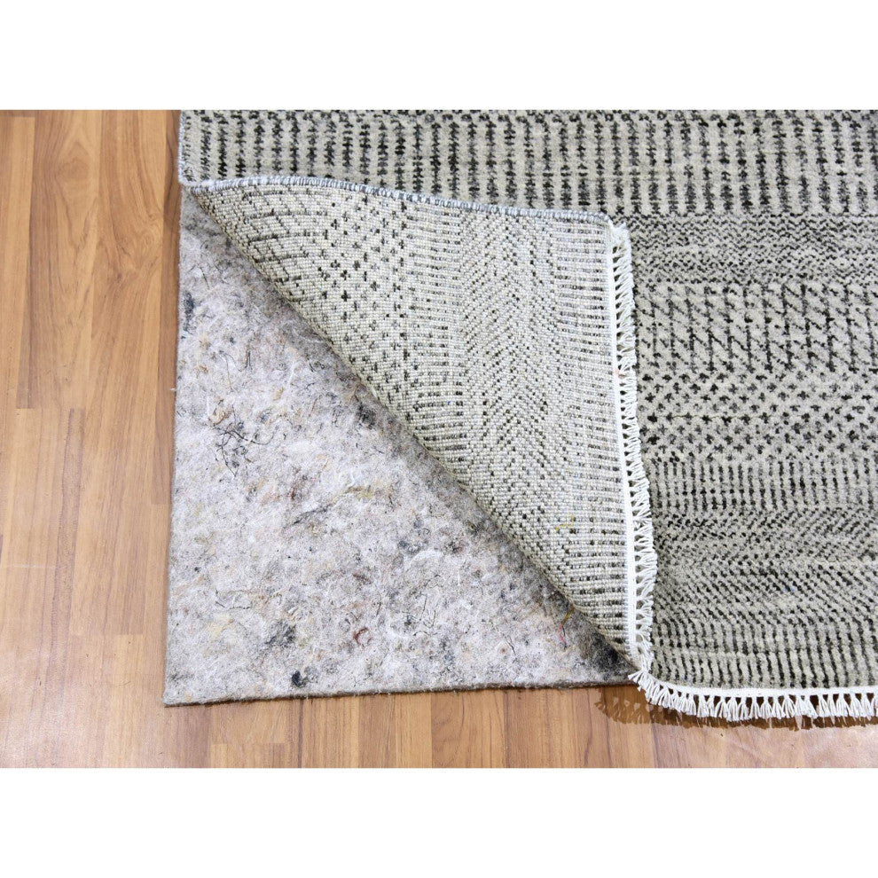 Power Gray Grass Design Hand Knotted Undyed Organic Wool Runner Rug, 2'7"x8'