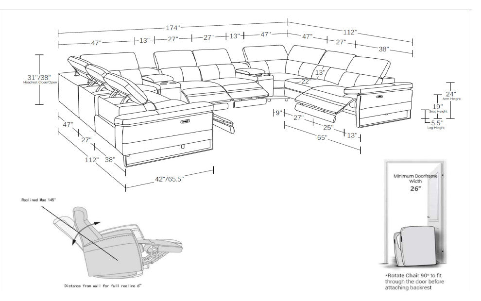 Antonio Italian Leather 10-Piece U-Shaped Power Reclining Sectional, White