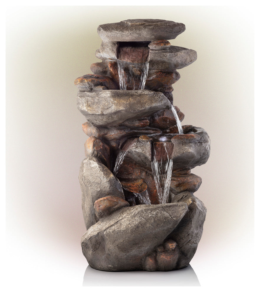 40" Tall Outdoor 4-Tier Rock Water Fountain with LED Lights