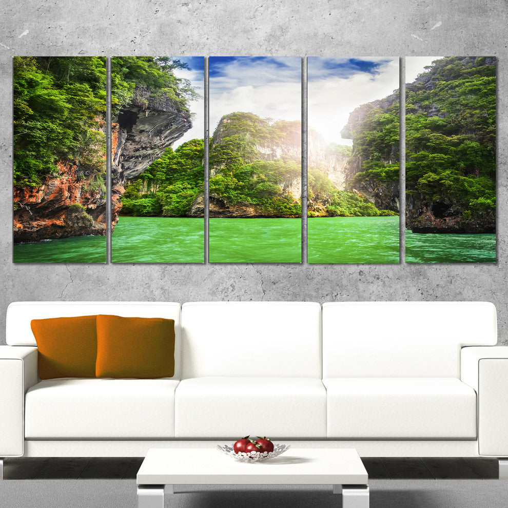"Cave Rocks on Railay Beach" Landscape Canvas Print, 5 Panels, 60"x28"