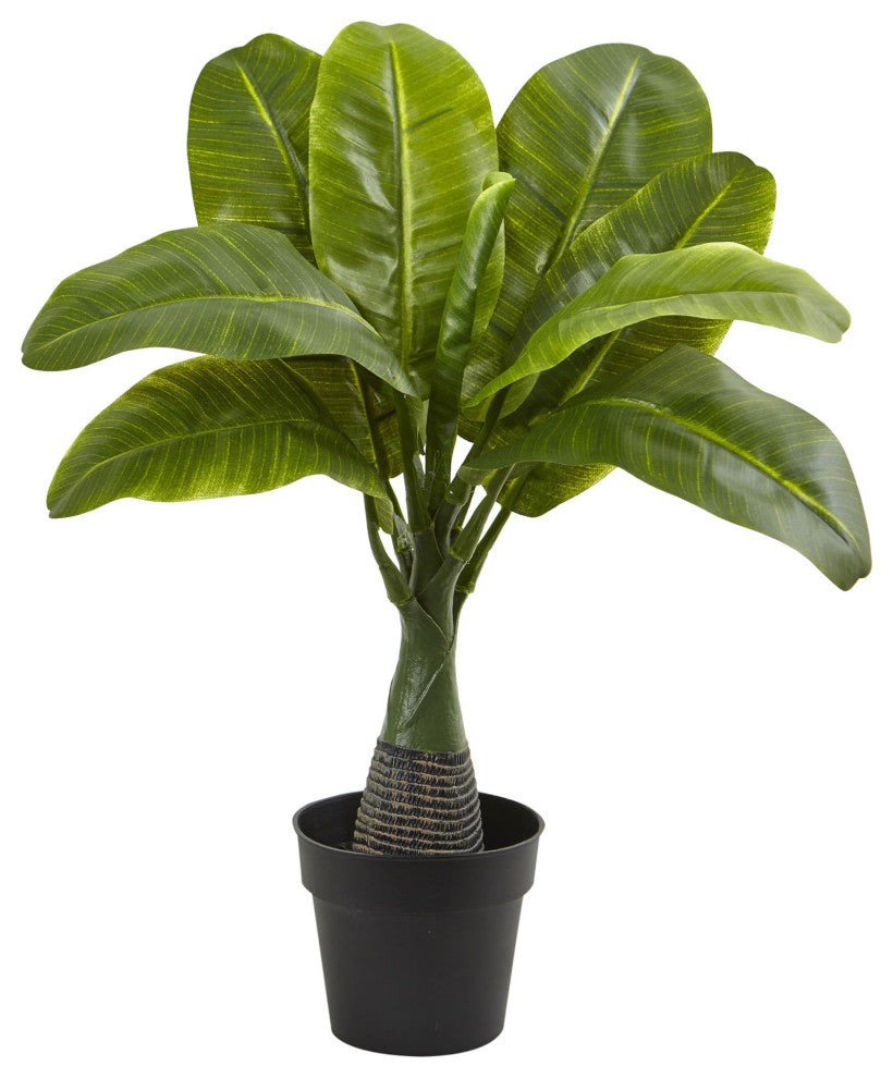 Full product shot on a uniform white background showing the entire artificial banana plant with pot; no overlays; front-facing presentation.