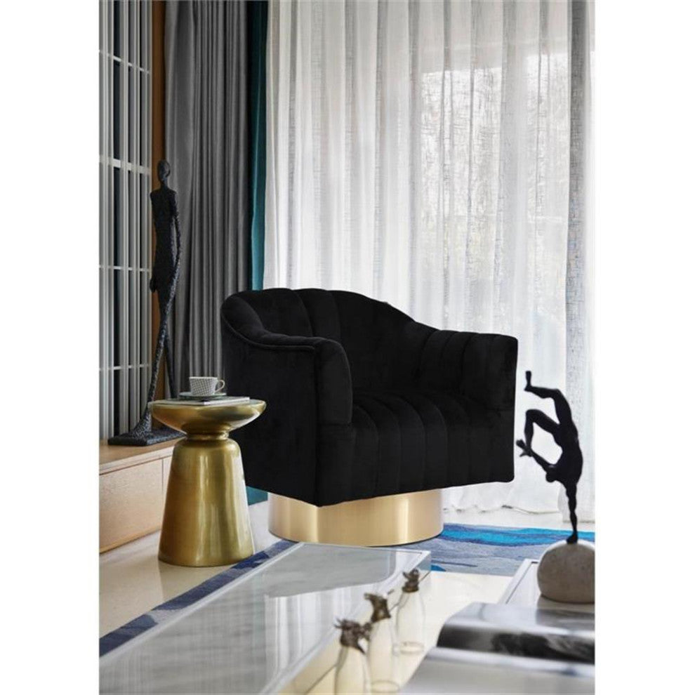 Pemberly Row 18" Contemporary Tufted Velvet Swivel Accent Chair in Black/Gold