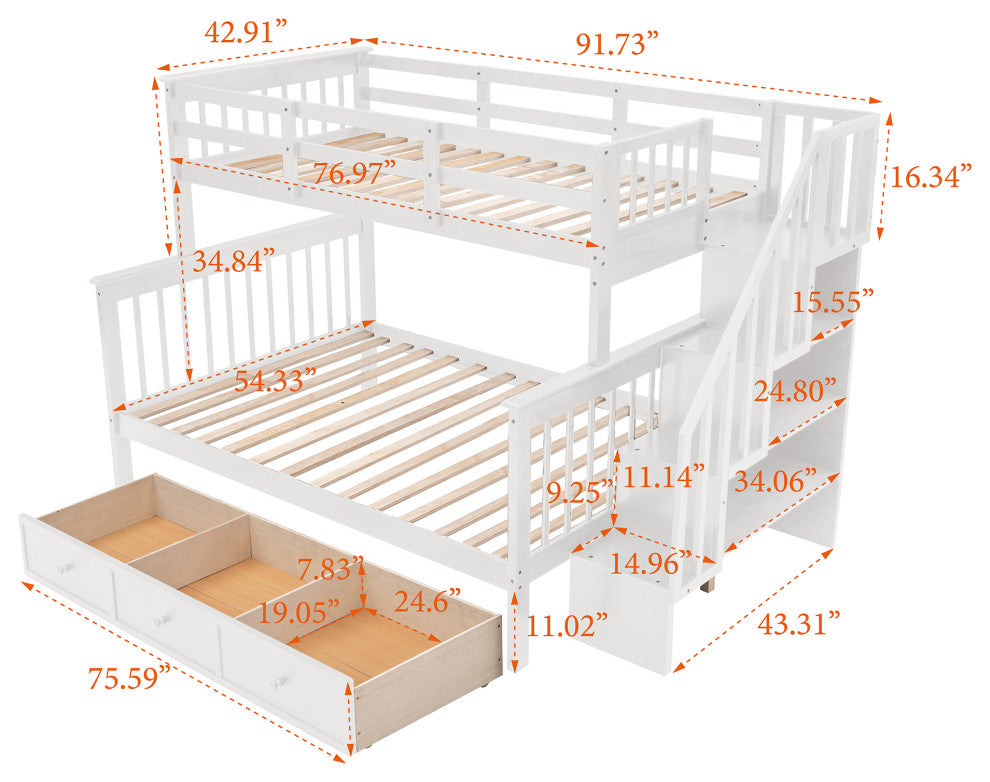 Gewnee Stairway Twin-Over-Full Bunk Bed with Drawer in White