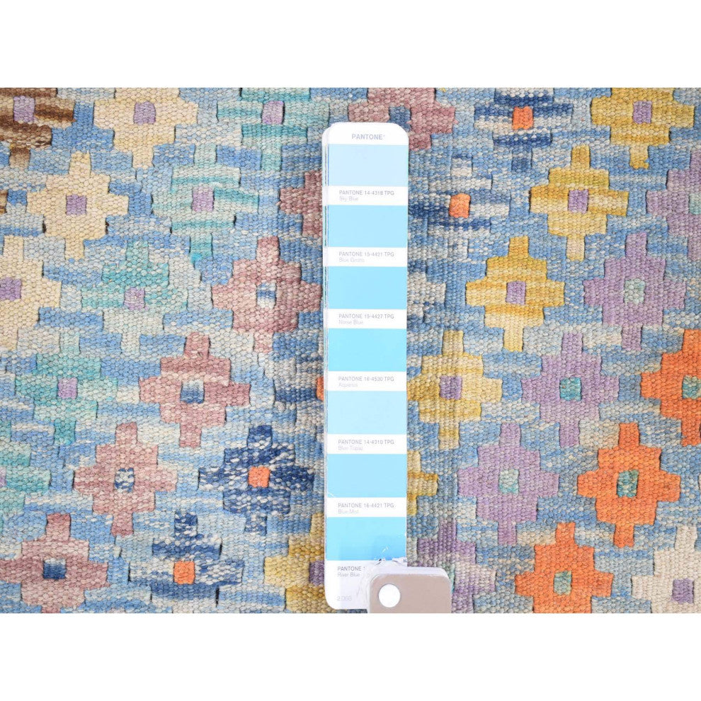 Light Blue Afghan Kilim with Geometric Design Hand Knotted Wool Rug 10'3"x13'3"