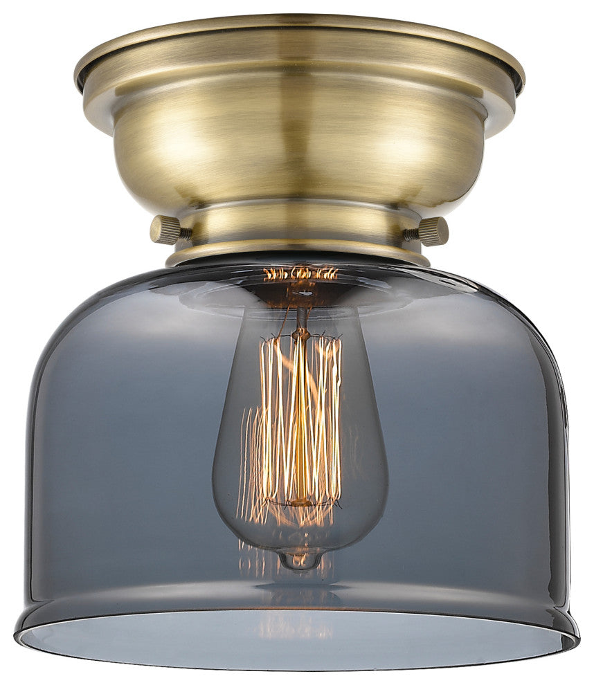 Large Bell 1-Light Flush Mount, Antique Brass, Plated Smoke