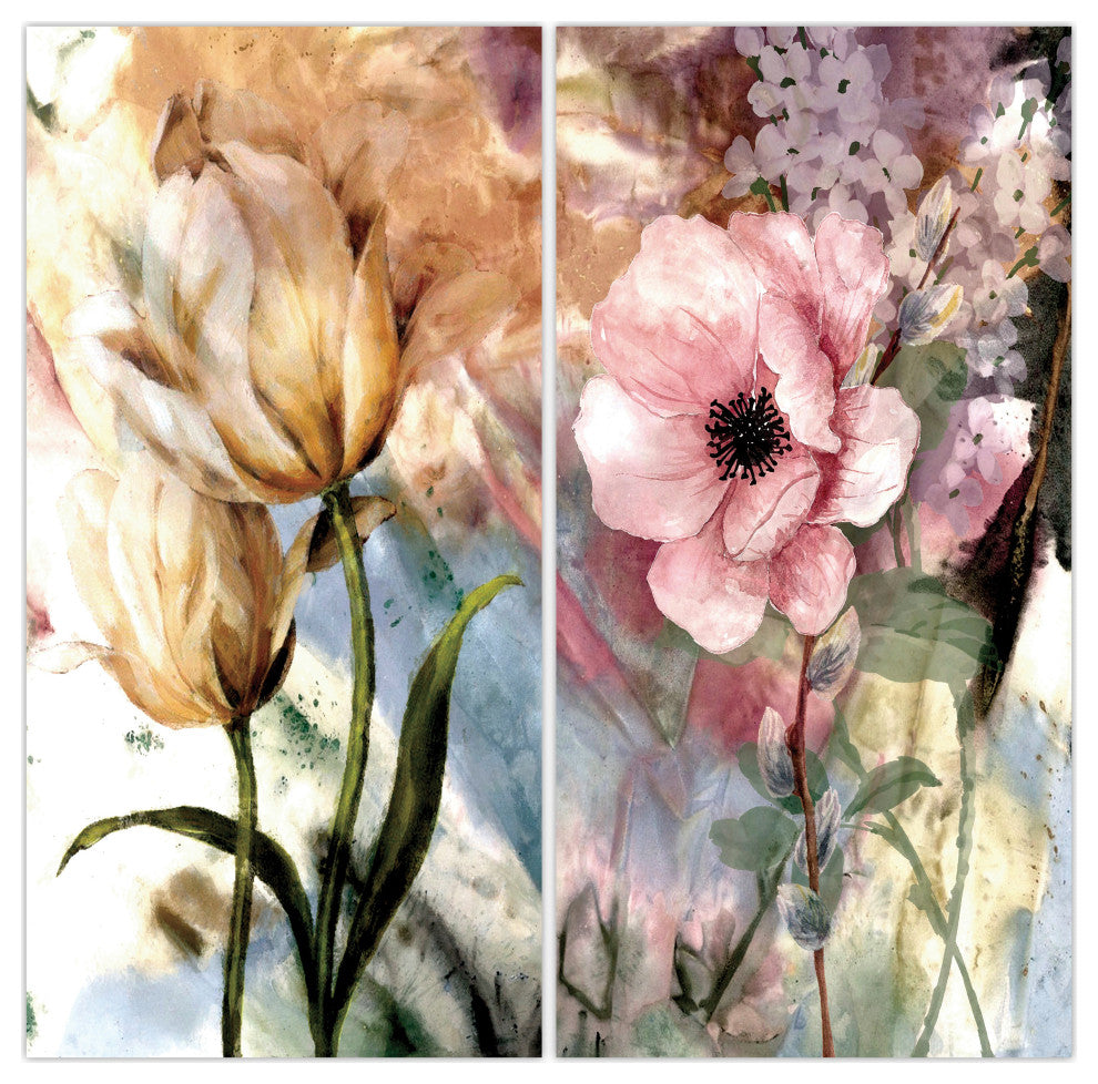 "Pastel Fleur I&II" Frameless Reverse Printed Tempered Glass Wall Art Set of 2