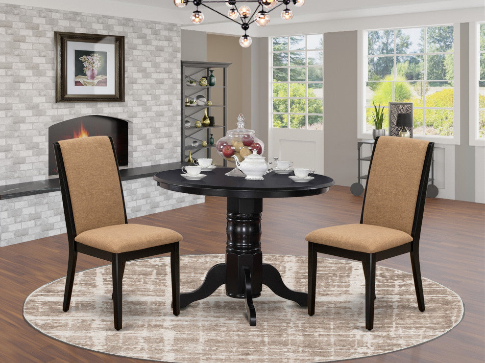 3Pc Dining Set, Round Dining Table, 2 Kitchen Chairs, Light Sable Seat, Black