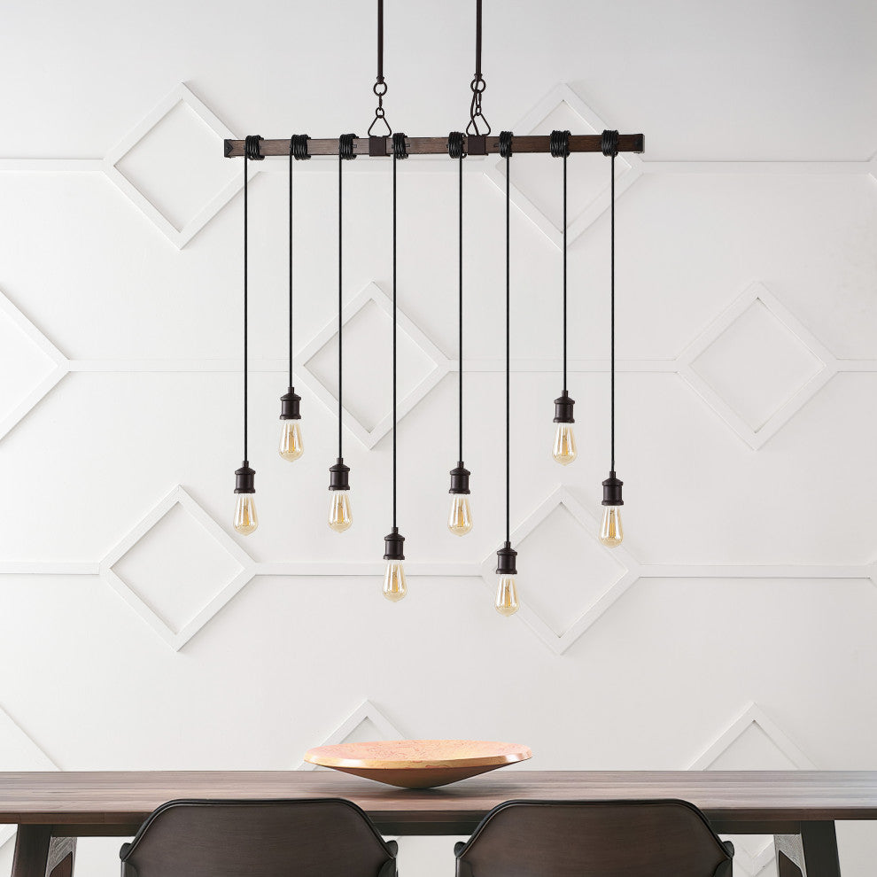 40" 8-Light Driftwood Iron LED Linear Chandelier With Height Adjustable Bulbs