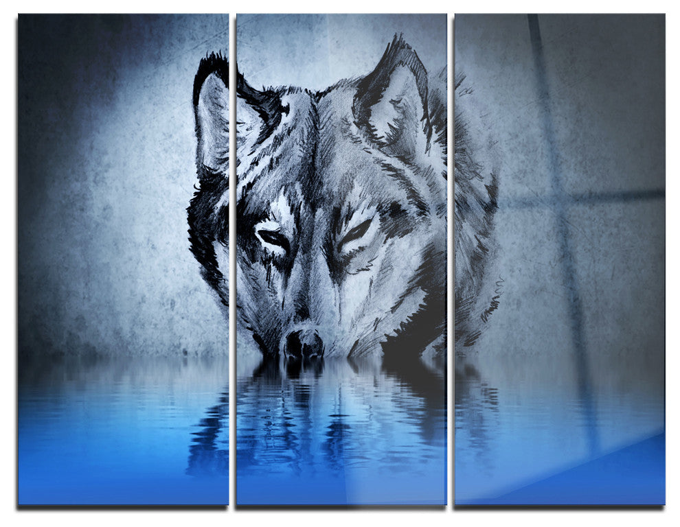 "Wolf Head With Water Reflections Tattoo" Metal Wall Art, 3 Panels, 36"x28"