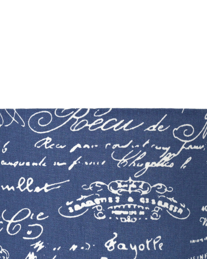 Classic Drum Linen Lamp Shade, Blue, White Script, 8"