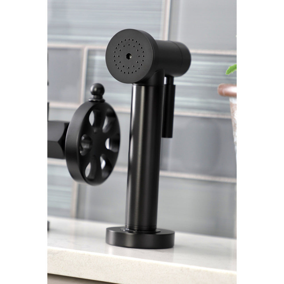 KS2330RX Belknap Bridge Kitchen Faucet With Brass Sprayer, Matte Black